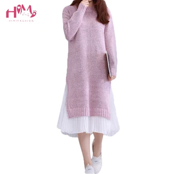 

2018 Spring Autumn Women Chiffon Patchwork Knitted Sweater Dress O-Neck Casual Elegant Long Sleeve Slipt Loose Midi Dresses