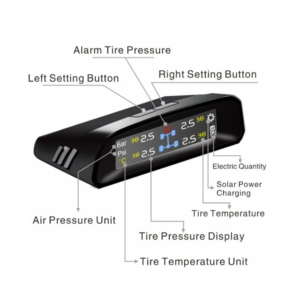 VJOYCAR TW400 Tire Pressure Monitor System 4 Wireless External Sensors Cigarette Lighter Solar Panel Display Temperature Alarm