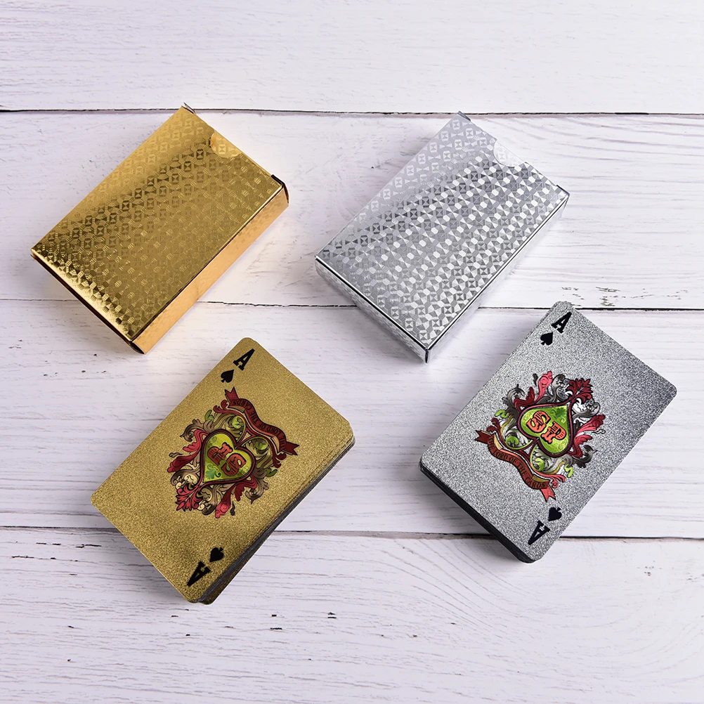 1set New Playing Cards Poker Waterproof PVC Card Set Pure Black Gold Sliver Pokers Classic Magic Tricks Props Family Party Game