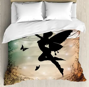 

Apartment Duvet Cover Set, Black Fairy with Angel Wings Butterflies and Sun like Alluring Round Light, 4 Piece Bedding Set