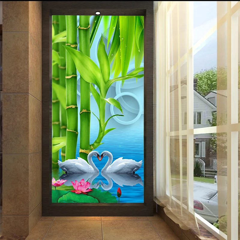 

Customized 3D mural wallpaper medium-size oil painting with bamboo swan pattern as vertical background the corridor screen