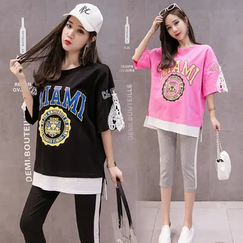 

Korean version of pregnant women set letter printing fake two-piece printed shirt + seven-point stomach lift pants