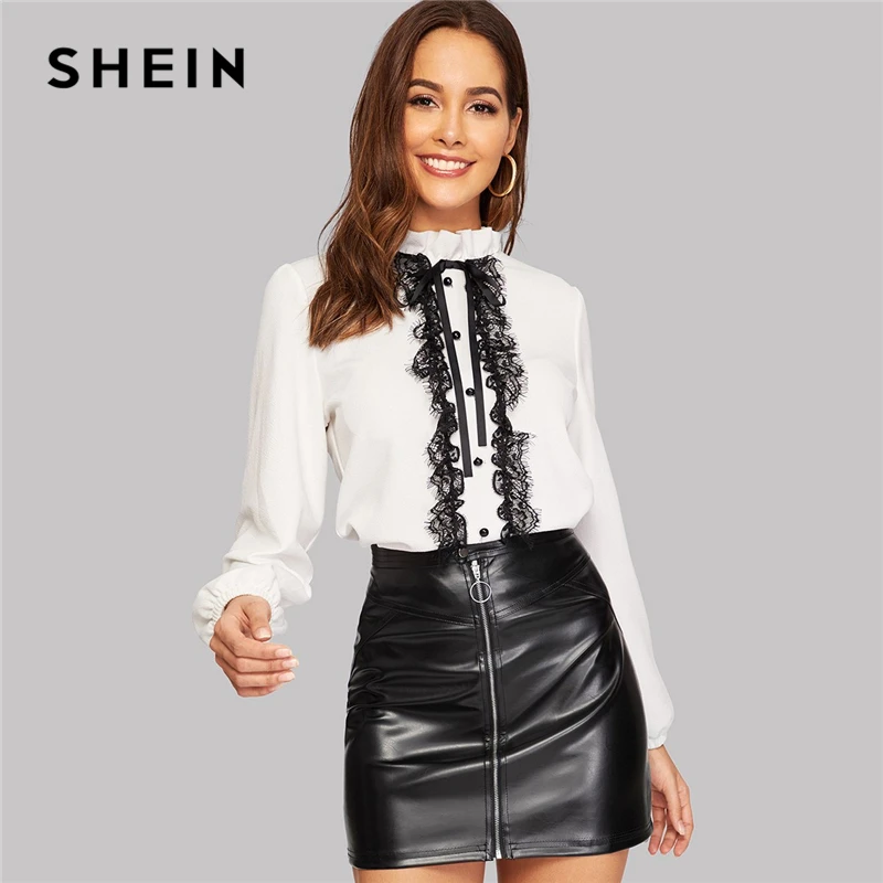 SHEIN White Tie Neck Buttoned Lace Trim Keyhole Back Blouse Elegant Frill Stand Collar Long Sleeve Tops Women 2019 Plain Blouses SHEIN White Tie Neck Buttoned Lace Trim Keyhole Back Blouse Elegant Frill Stand Collar Long Sleeve Tops Women 2019 Plain Blouses