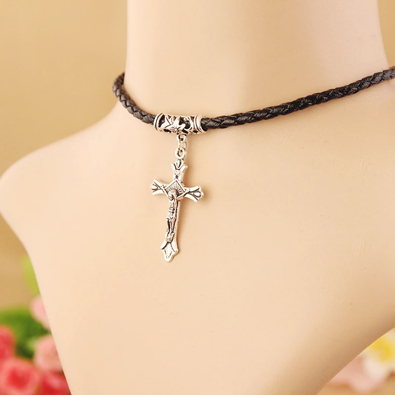 Cross Pendant Black PU Leather Collar Chokers Necklace For Men & Women