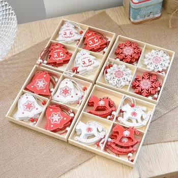 

1 Set/12pcs Wooden decorations Snow Reindeer Tree Hanging Navidad Ornament New Year Decor for home Gift box Christmas