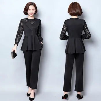 

Plus Size 5xl Ensemble Femme Deux Pieces Fashion Lace Patchwork Thin 2 Piece Set Women Temperament Wild Costumes For Women