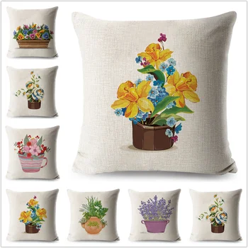 

Watercolor Yellow Floral Pillow Case Plant Linen 45*45 Flowers Cushion Cover for Sofa Home Decorative Printed Throw Pillowcase