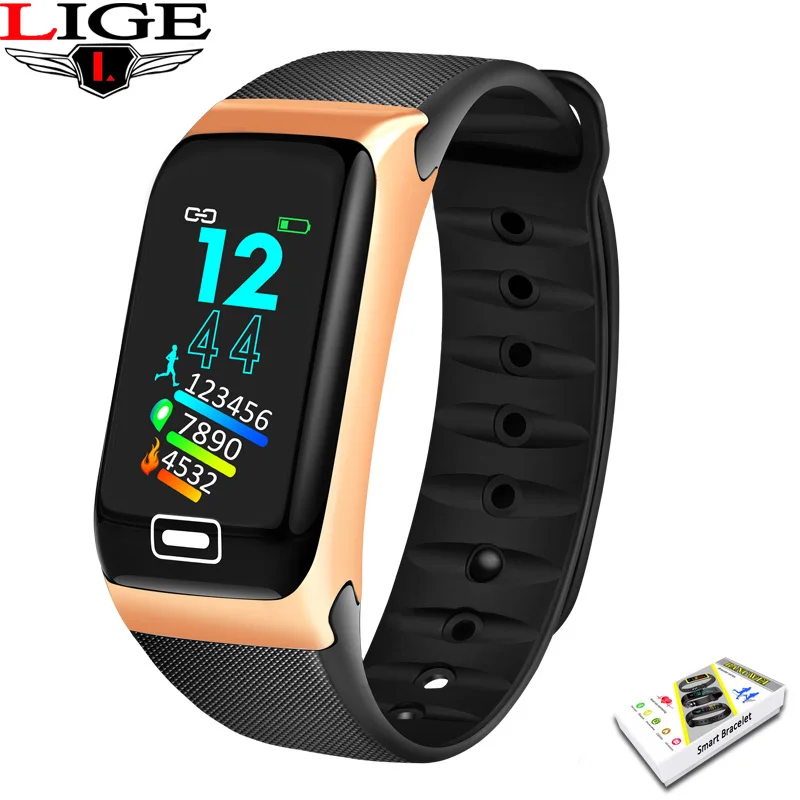 Golden black LIGE Смарт спортивные часы с браслетом СВЕТОДИОДНЫЙ цветной экран браслет монитор сердечного ритма шагомер, смарт-браслет для Android ios Relogio - Цвет: Golden black