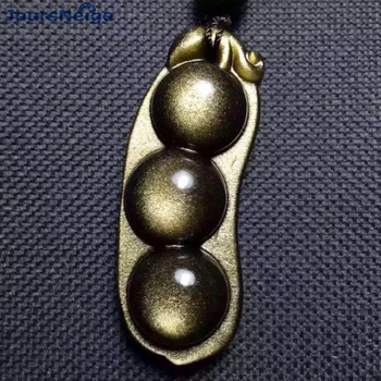 

Wholesale Gold Black Natural Obsidian Stone Necklace Blessing Four Seasons Bean Pendant Lucky Women Men Sweater Chain Jewelry