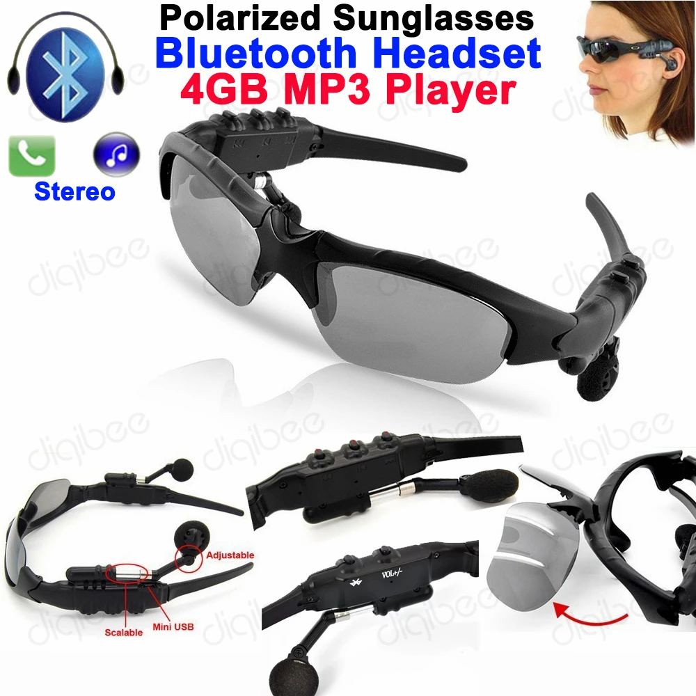 Smart Glasses Bluetooth Headset Headphone Polarized Sunglasses 4GB MP3 Player USB Flash Disk 4G U-disk Wireless Stereo Earphones
