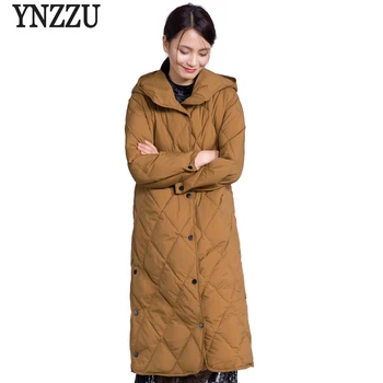 

YNZZU Brand High Quality 2018 Winter Down Jackets Women Vintage Buttons Long Loose Duck Down Coats Female Jacket Hooded O598