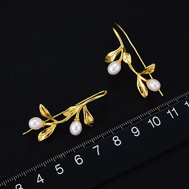 Lotus Fun Real 925 Sterling Silver Earrings Pearl Pink Freshwater Pearls Leaf Drop Earring Wedding Earings Fashion Jewelry 2018