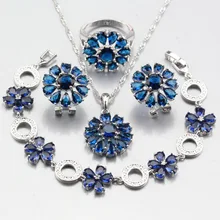 925 пробы Серебряный цветок форма синий циркон классические свадебные ювелирные наборы серьги кулон ожерелье браслет кольцо