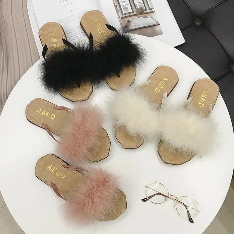 

2019 Women's Furry Slippers Women's Cute Plush Fox Fur Fluffy Slippers Women's Fur Slippers Summer Sandals and Slippers Women's