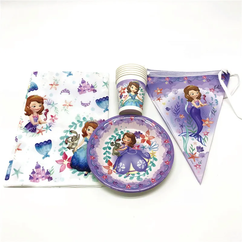 

Disney Cartoon Sofia The First 37Pcs Paper Cups+Plates+Tablecover Girl Birthday Theme Party Disposable Banners Decoration Supply