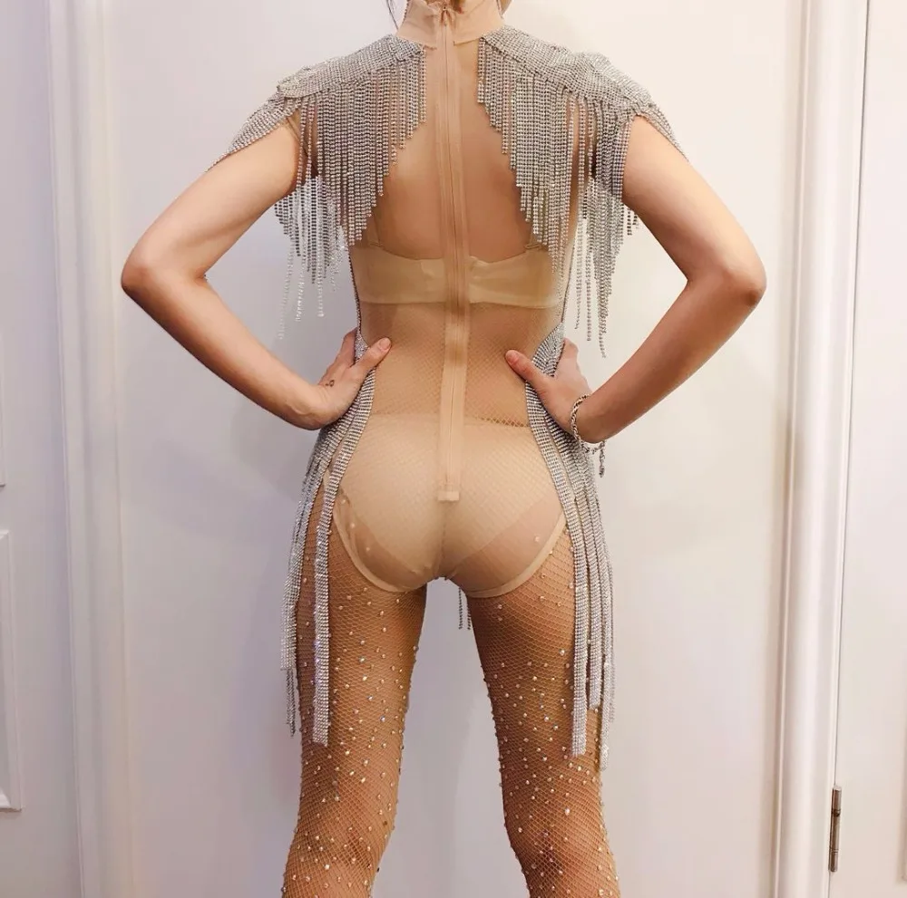 body suits for women Fashion Silver Rhinestones Fringes Bodysuit  Celebrate Costume Female Singer Bling Tassel Leotard Stage Dance Wear backless bodysuit