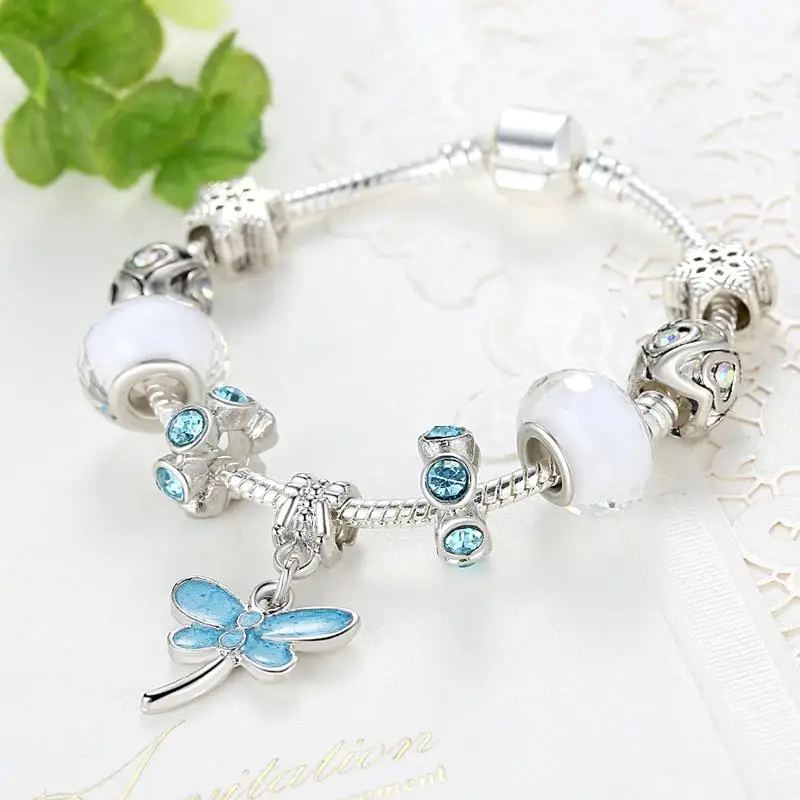 ELESHE Luxury Crystal&Murano Glass Beads Bracelets Silver Bracelets&Bangles for Women DIY Butterfly Charms Bracelet for Women