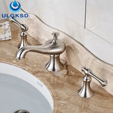 ULGKSD Матовый Никель 3 шт. Водопад Кран Раковины Ванной Комнаты Двойной Ручки На Бортике Бассейна Смесители