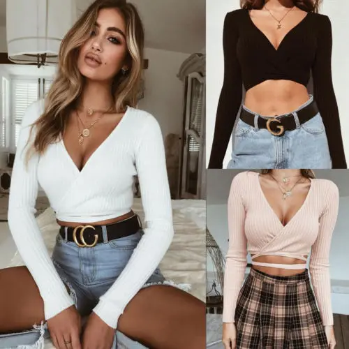 

Sexy Women Crop Top 2018 New Fashion Ladies Fringe Summer Solid V-Neck Loose Top Long Sleeve Blouse Tops Shirt S-XL