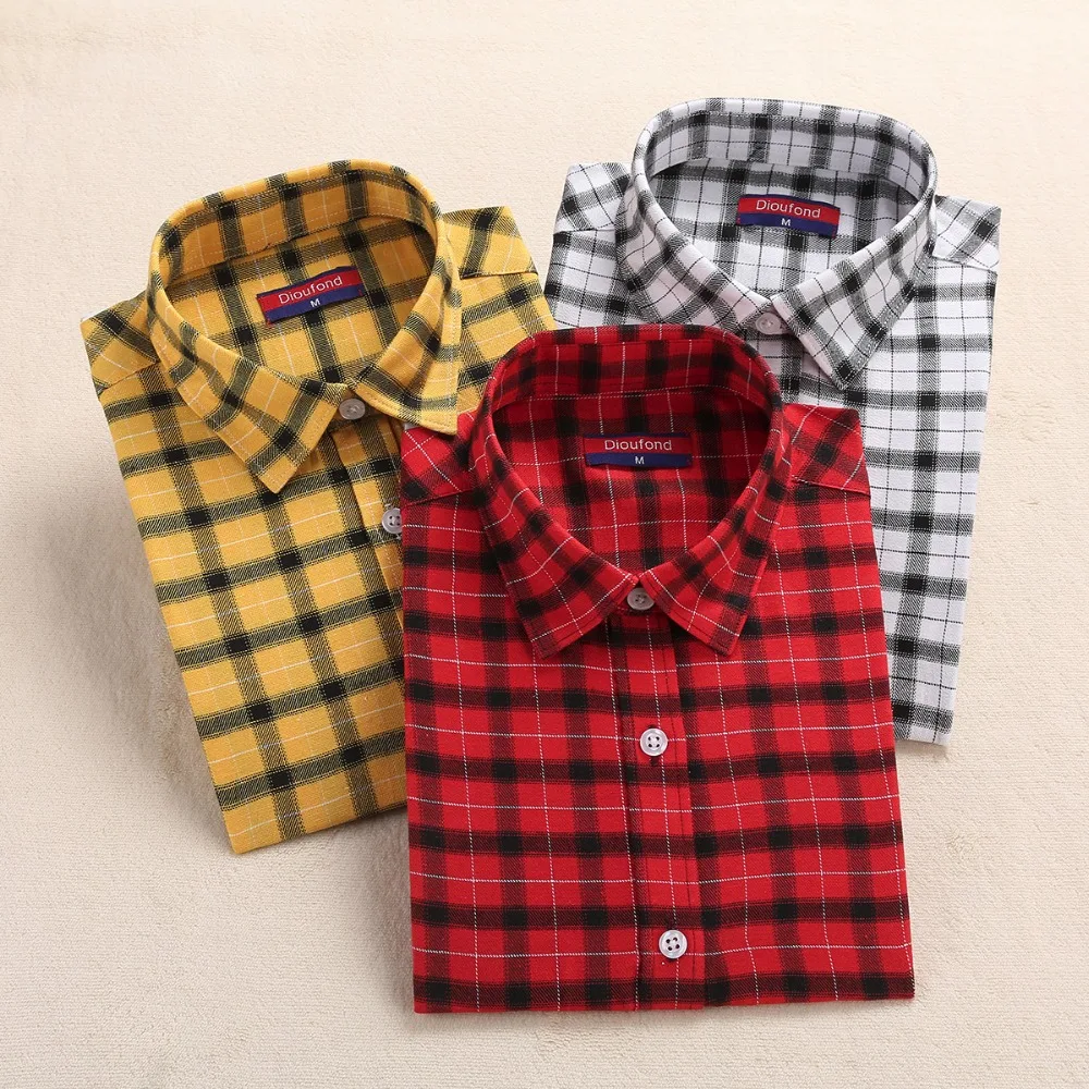 Dioufond Shirts Women Plaid Blouses Long Sleeve Ladies Office Tops Flannel Shirt Plus Size Female Clothing Women Fashion Blusas