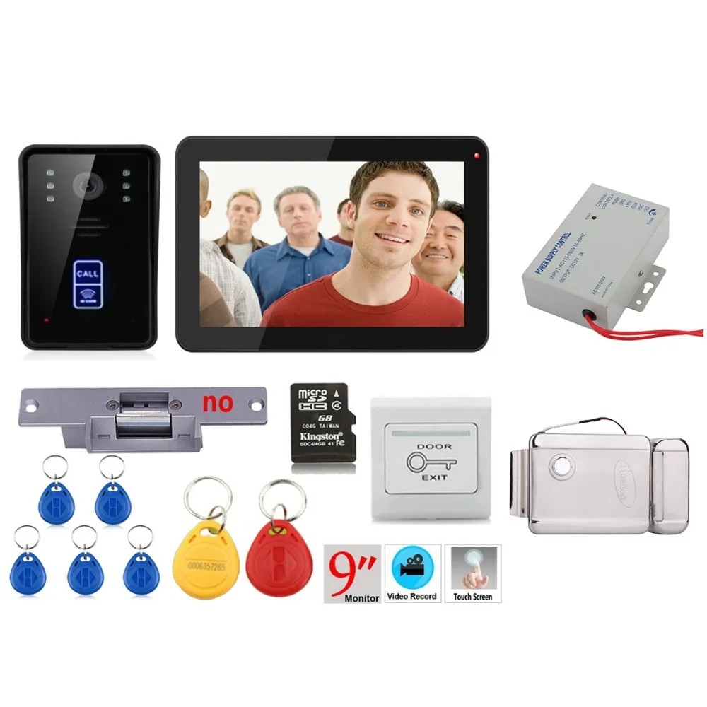

Home Security 9 inch Recording RFID 900TVL Color Video Door Phone Intercom Kit Rainproof Night Vision 8G TF Card+Electric Strike
