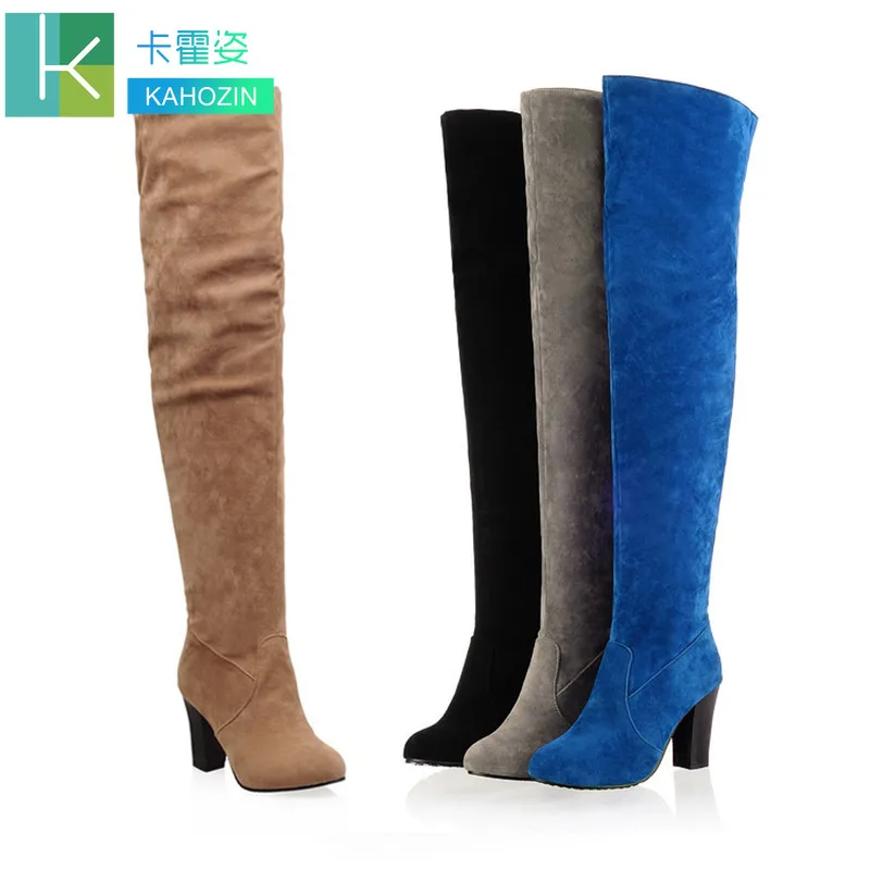 

Kahozin Over The Knee High Boots winter high heel 8CM Rough heel slip-on yellow blue boots faux suede slim women shoes Size34-45