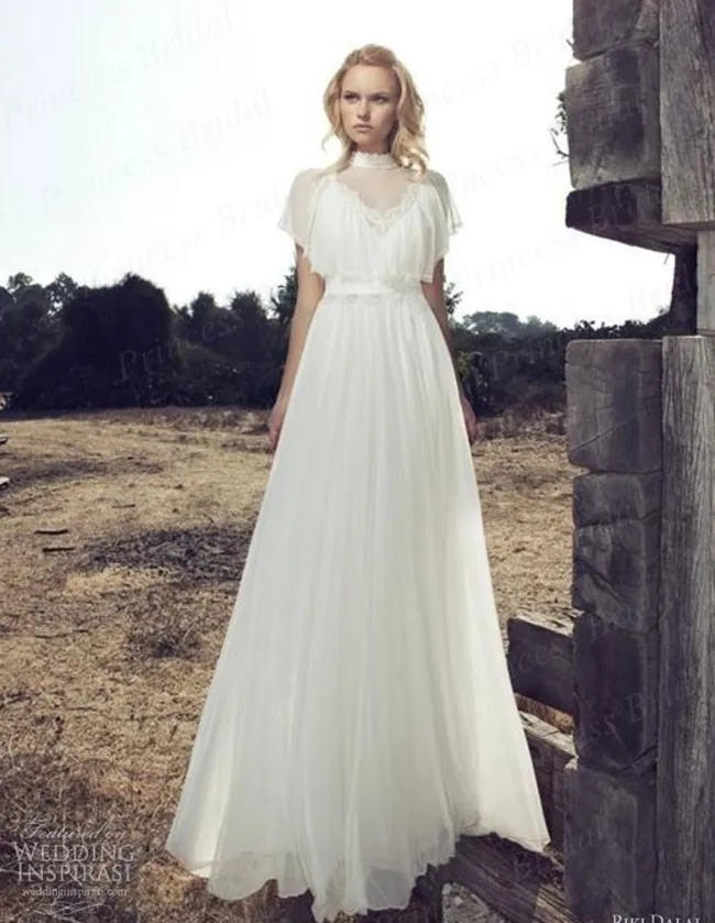 Free Shipping A Line High Neck Chiffon Sweep Train Simple Ivory font b Wedding b font