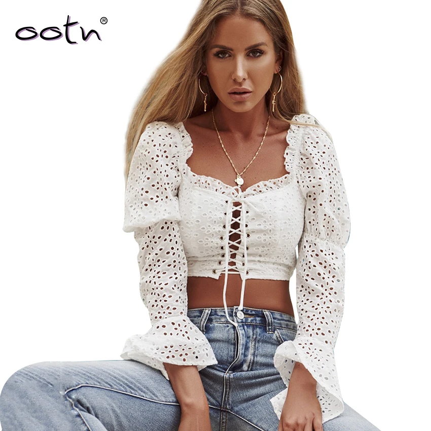 

OOTN Eyelet Embroidery Crop Top White Blouse Women Hollow Out Long Sleeve Shirt Lace-Up Sexy Ruffled Short Chemise Female Bls