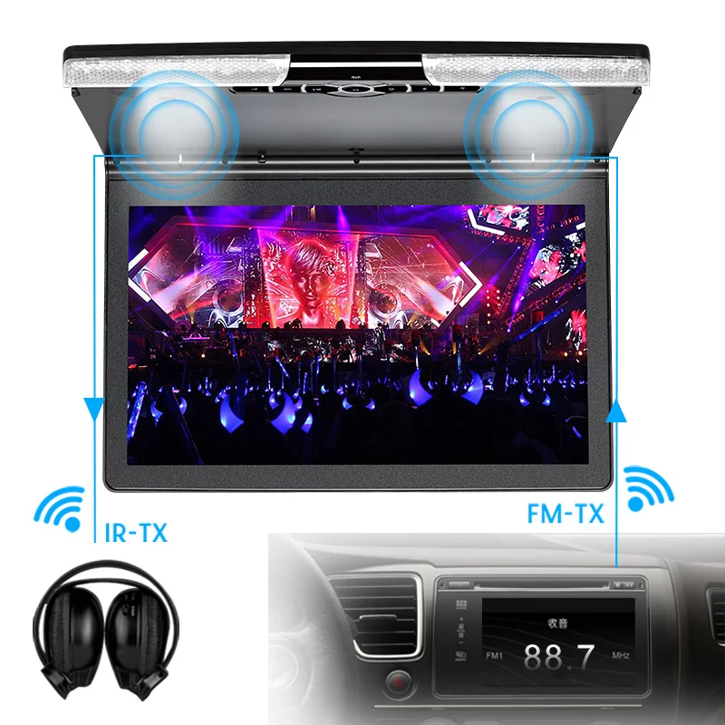 17.3 Inch Roof Mount 1920x1080 MP5 Flip Down Monitor DVD Player With IR FM Transmitter HDMI USB SD