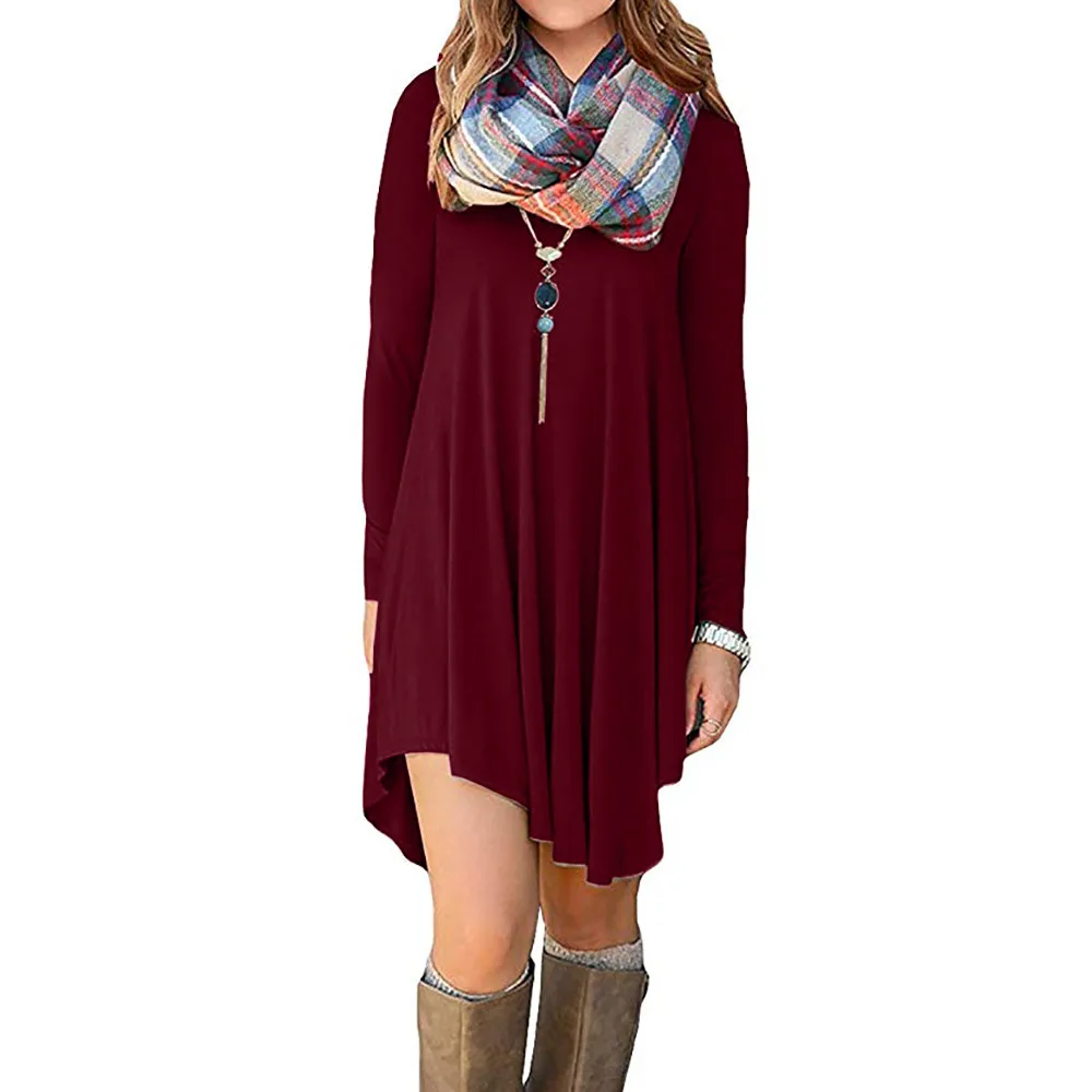

JAYCOSIN Bohemian Women dress Autumn winter dress Plus Size Long Sleeve O-Neck Polyester Mini Dress Loose casual dress Z0326