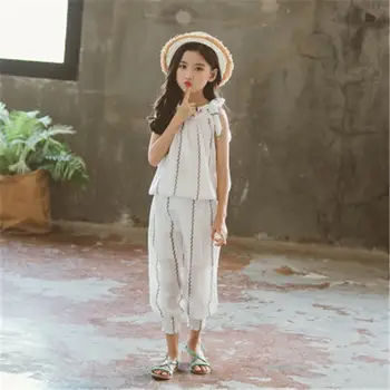 

2019 New Summer Fashion Teenage Girls Clothes Sets Children Kids Floral Cotton Linen Bow Shirt Tops+Striped Pants 2Pcs Suits L20