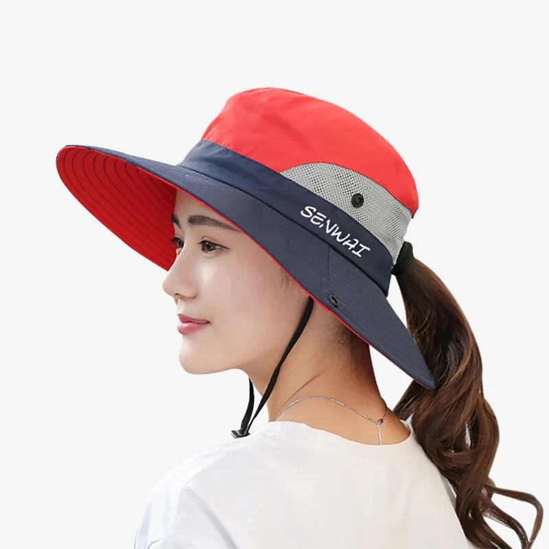 Outdoor Hiking Wide Brim Bucket Hat Women Quick Drying Breathable Packable Sunshade UV-proof Ponytail Cap With Chain Strap - Цвет: Red