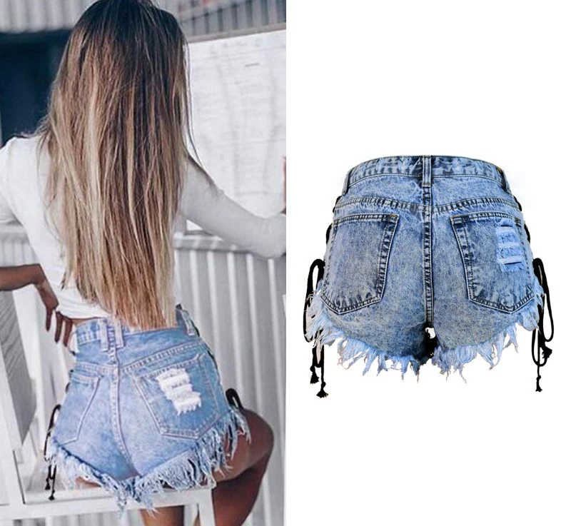 2017 Europe and the United States women's high waist open-style quilts Slim wear fringed snowflakes double banded ladies denim shorts (5)