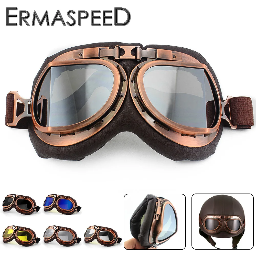 

Vintage Motorcycle Helmet Goggles Pilot Aviator PU Leather Riding Eye Wear Copper for Harley Cruiser Chopper Cafe Racer Triumph