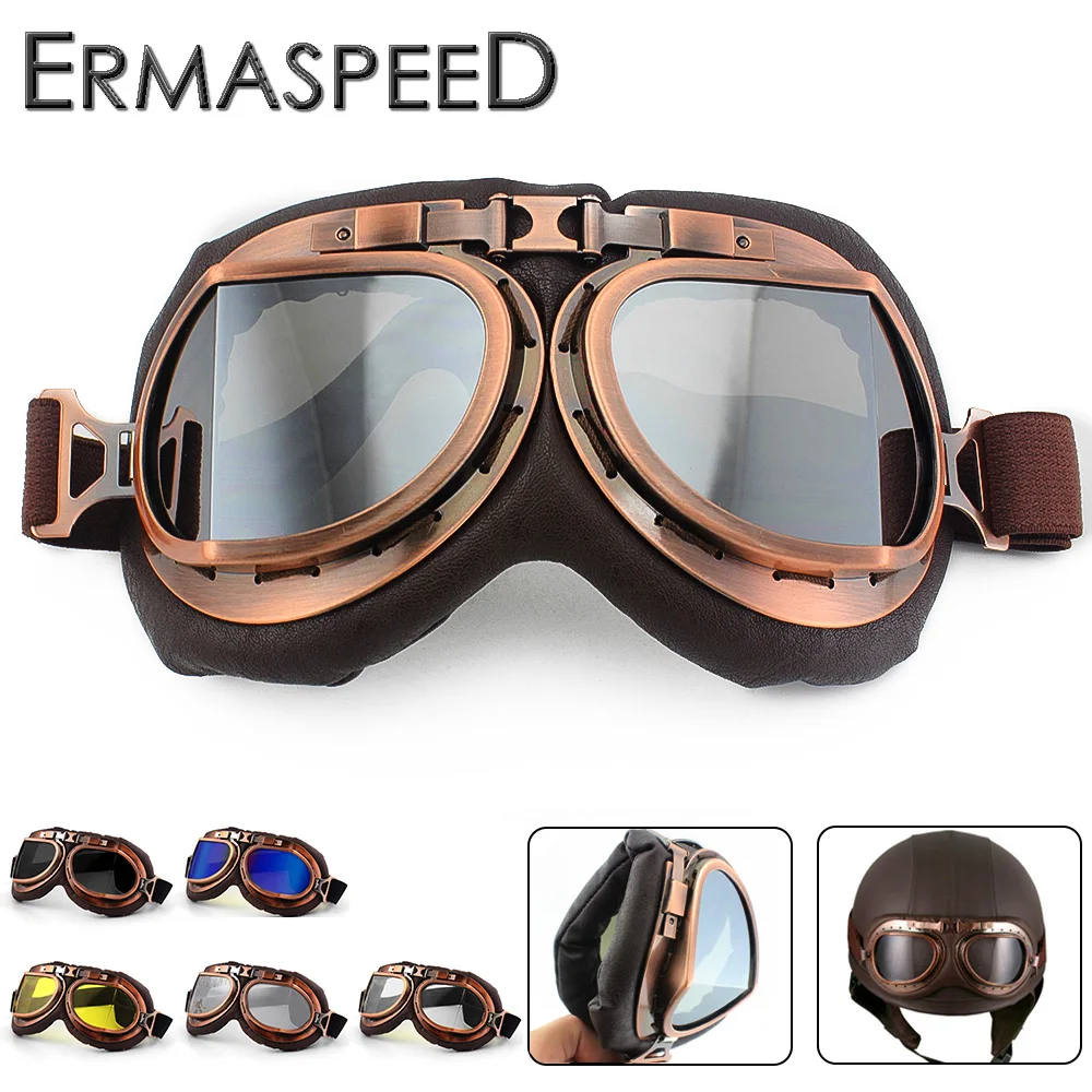 Men's Full Face Leather Vintage Padded Motorcycle Motocross Goggles 