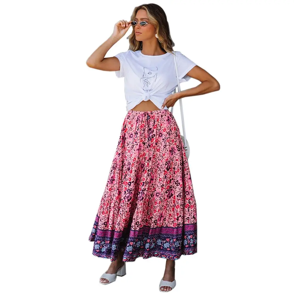 

2019 Summer New Fashion Vintage Bohemia Floral Printed Women Boho Maxi Beach Party Loose Flare Skirt Falda Mujer Summer Skirts