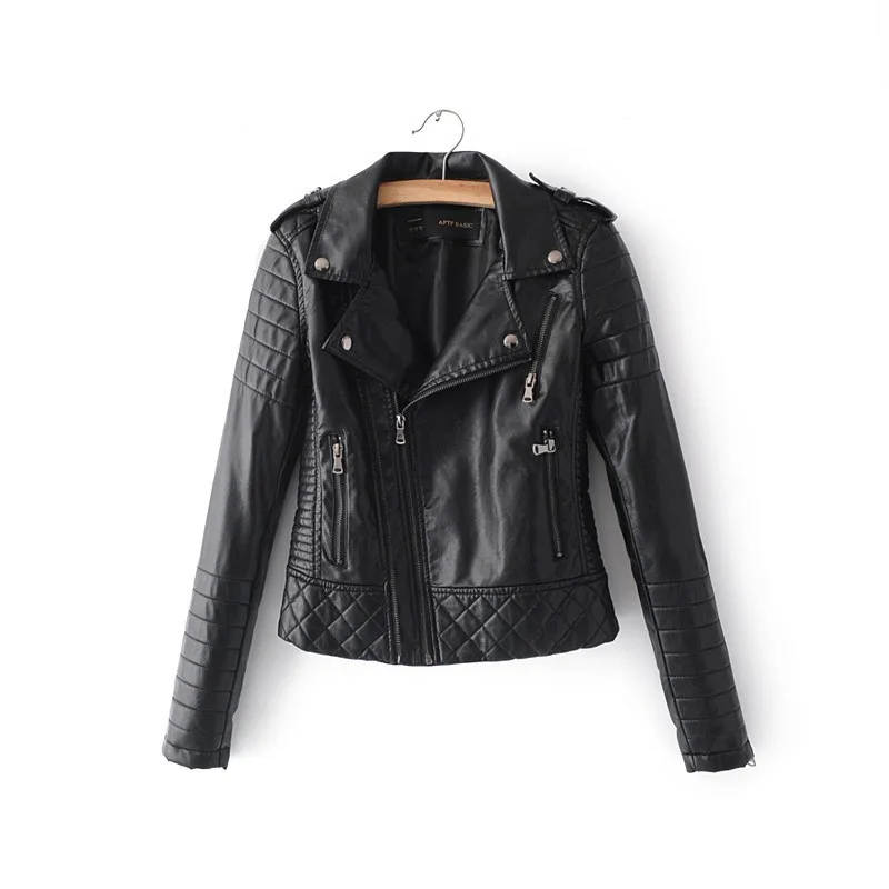 Женская кожаная куртка, мотоциклетные осенние куртки из мягкой искусственной кожи с длинным рукавом на молнии, белые/синие женские пальто PY42 - Цвет: Black