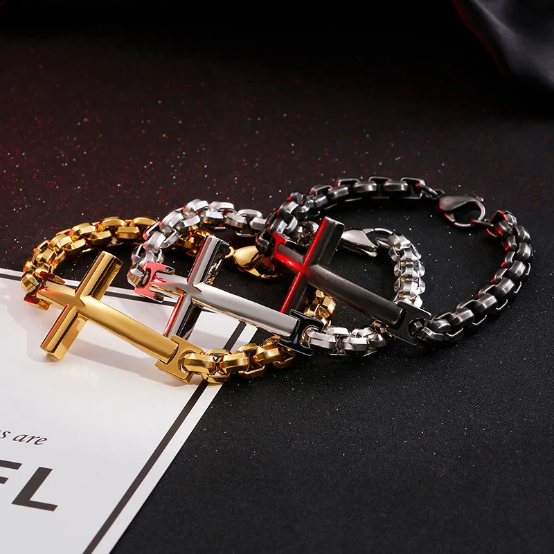 

New Personality Titanium Steel Tide Men's Bracelet Stainless Steel Men's Cross Square Pearl Bracelet Trend Accessories