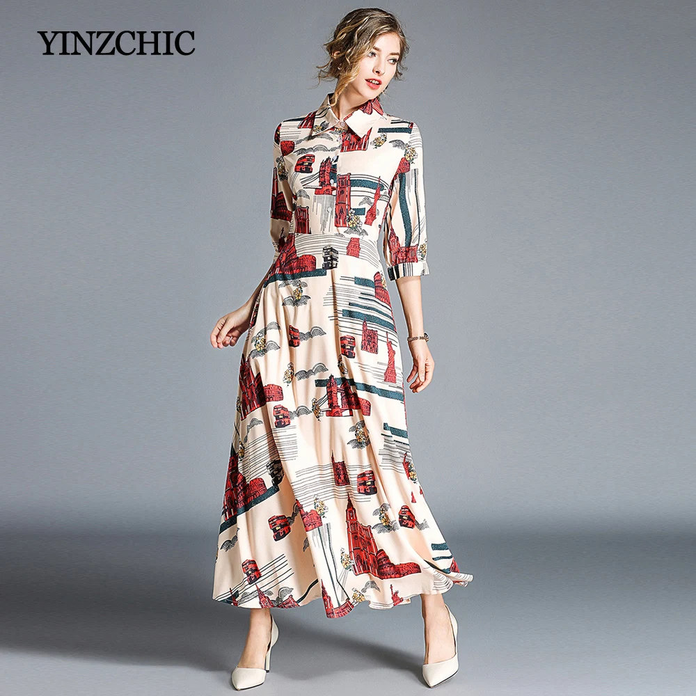 

Early Autumn Womans Print Dresses Turn-Down Collar Female Maxi Party Dress 2018 New Womans Casual A-Line Dress Women Dress
