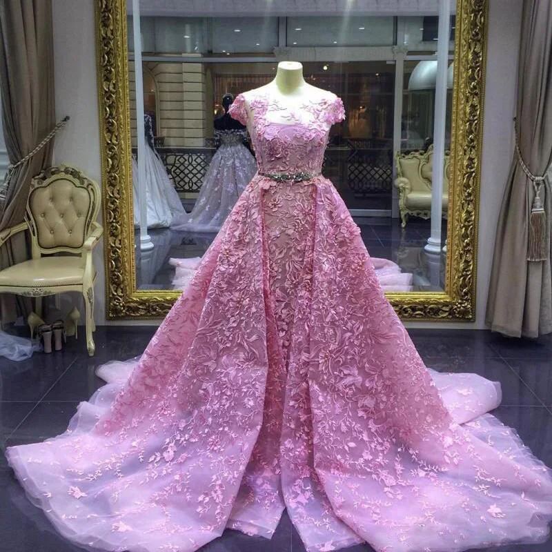 Luxury Mermaid Prom Dresses Pink Detachable Train Lace Appliqued Formal Evening Gowns Elegant Prom Party Dress