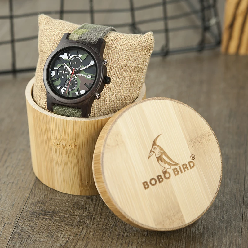 Saat erkek Man Watches Wooden Men Quartz Jungle Camo Camouflage BOBO BIRD Wristwatches Japanese Show Date Week Canvas Strap