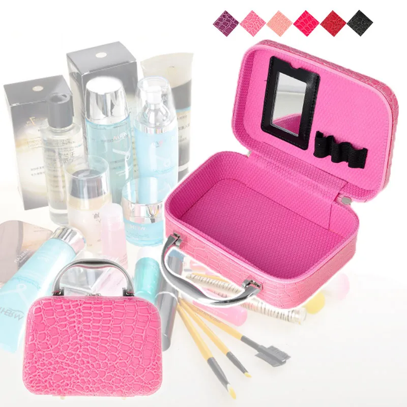 

Portable Personal Women Zipper Makeup Bag Crocodile Skin Toiletry Bags Storage Travel Pouch Cosmetic Bag With Make Up Mirror