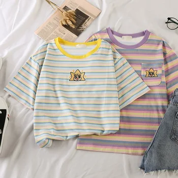

korean kawaii Stripped T Shirt New Fashion Clothes for Women Summer tees Tops embroidery 90's girls Tshirt Harajuku Streetwear