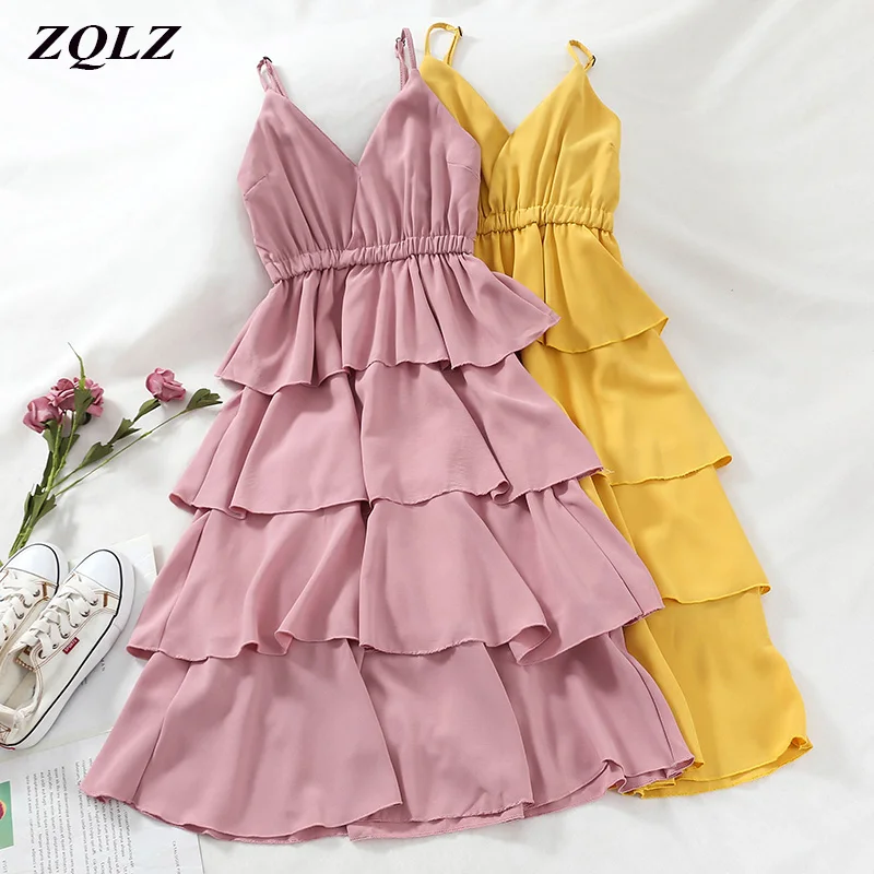 

Zqlz Summer Chiffon Beach Knee-length Dress Women Clothing V Neck Sleevless Spaghetti Strap Backless Sexy Club Party Dresses