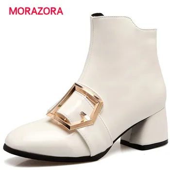 

MORAZORA 2018 new autumn winter metal decoration ankle boots fashion square high heel women boots comfortable short plush boots