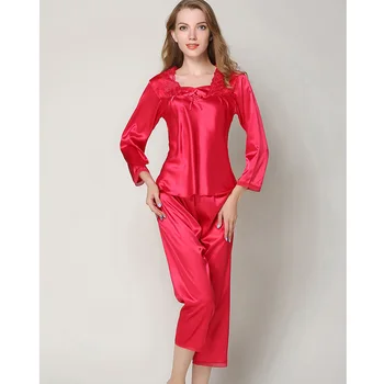 

VVUES Sleepwear Women Faux Silk Smooth Pajamas Pyjamas Set Long Sleeve Sleepwear Female Sleep Two Piece Set Loungewear Plus Size