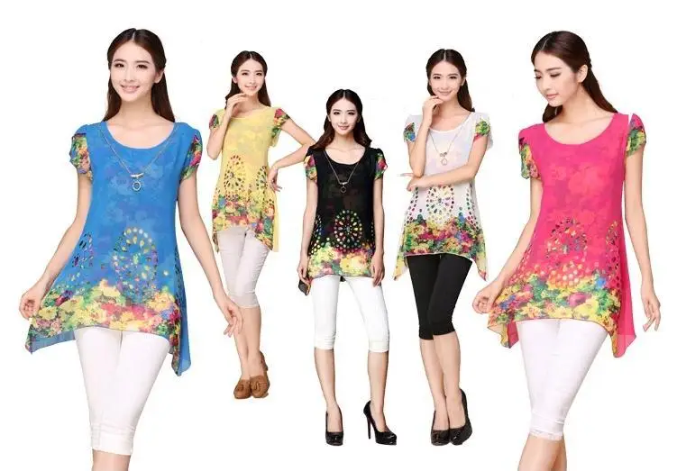 Mulheres verão tamanho Grande M * L * XL * XXL XXXL * impresso manga Curta azul/amarelo/preto/Rosa Vermelho Assimétrico camisa