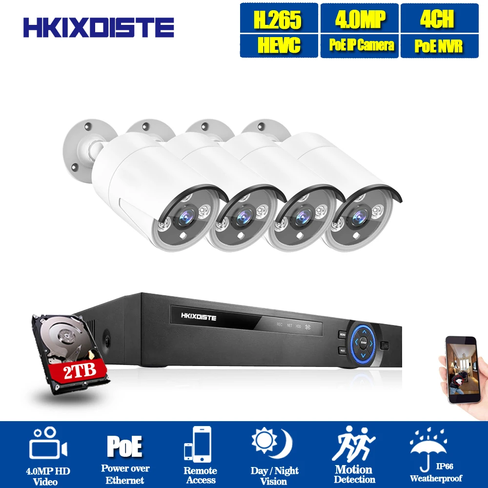 

H.265 CCTV System POE NVR kit 4ch 4MP waterproof POE IP camera bullet Home Security camera system outdoor low lux onvif with 2TB