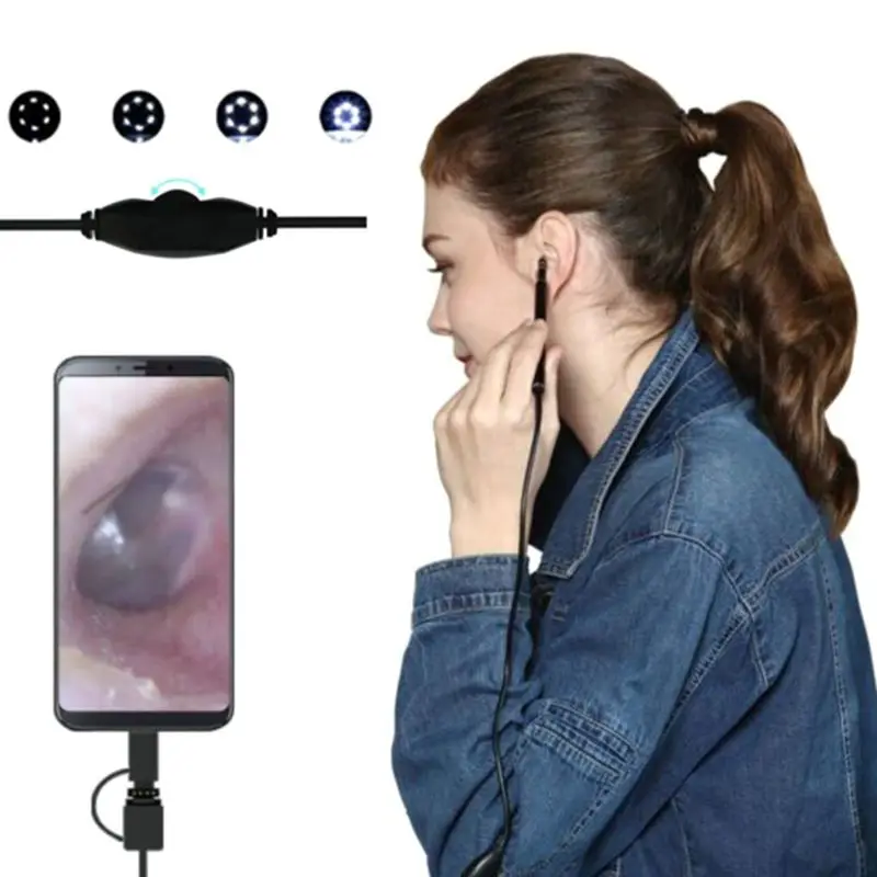 2 M de Cable de 5,5mm de la cámara del endoscopio 0.3MP Earpick 6 LED de luz Visual cuchara oído cera removedor limpiador de oído 3 tipo de USB para Android PC