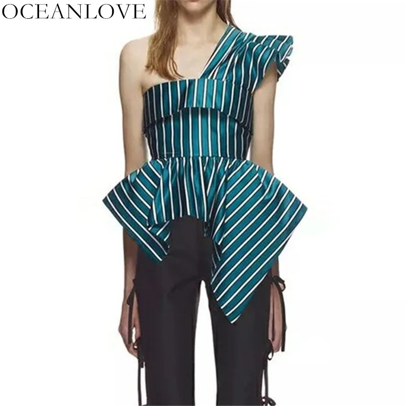 

OCEANLOVE Zipper Striped Sleeveless Shirt 2019 Summer New Off Shoulder Skew Collar Women Blouse Irregular Fashion Blusa 10045
